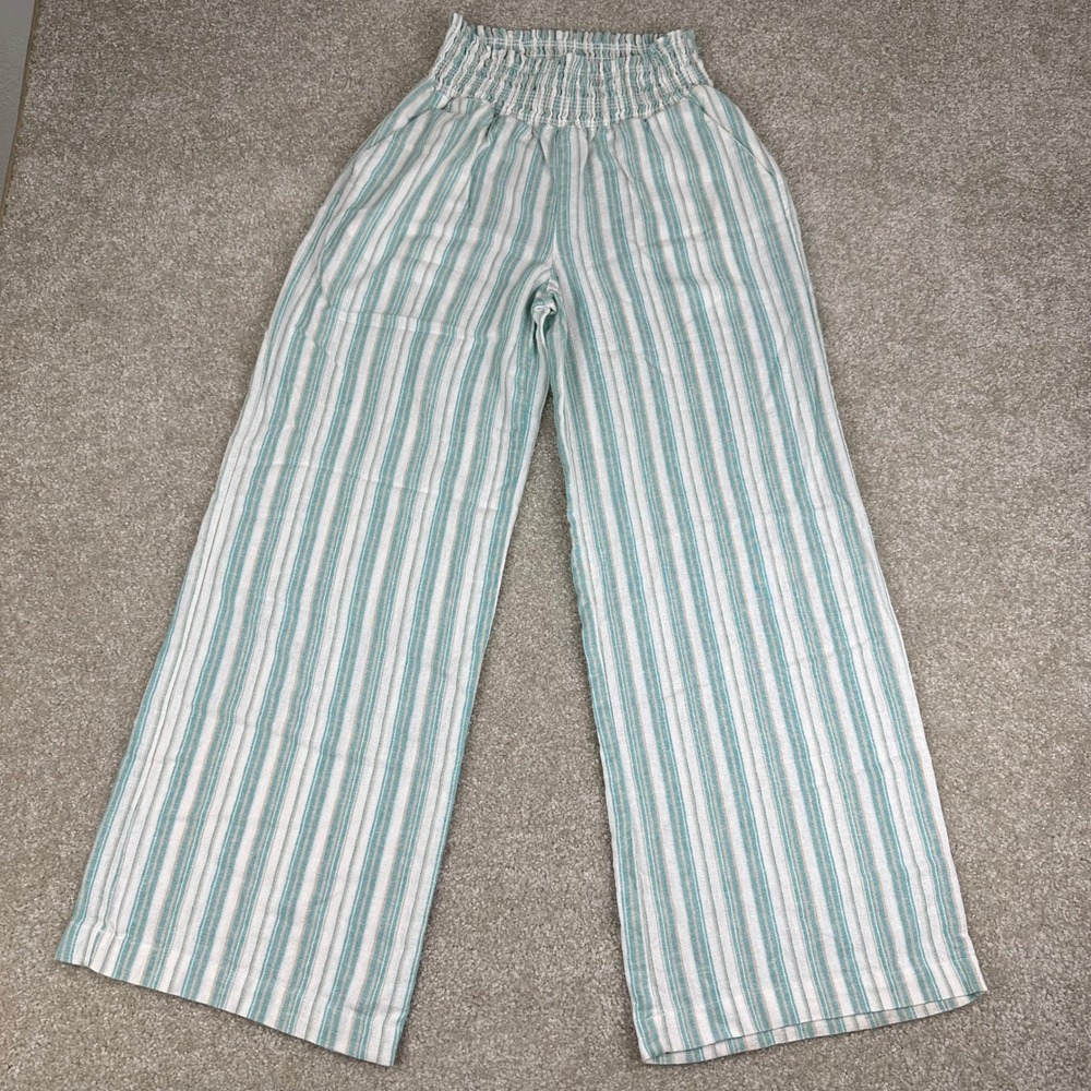 Love Tree Striped Wide Leg Linen Blend Pants Large Teal White Smocked Waist Boho